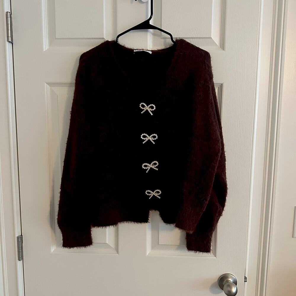 Cupshe Autumn Glow Brown Fuzzy Eyelash Knit Cardigan Rhinestone Bow Sweater S